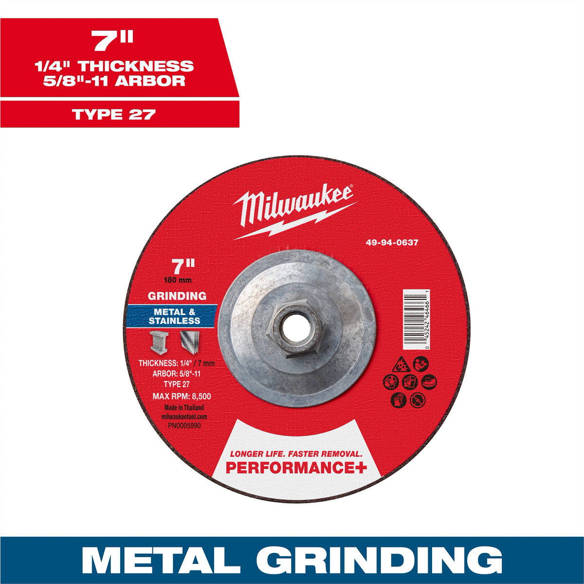 Milwaukee Tool 7" x 1/4" x 5/8"-11 Performance+ Metal Grinding Wheel - Type 27