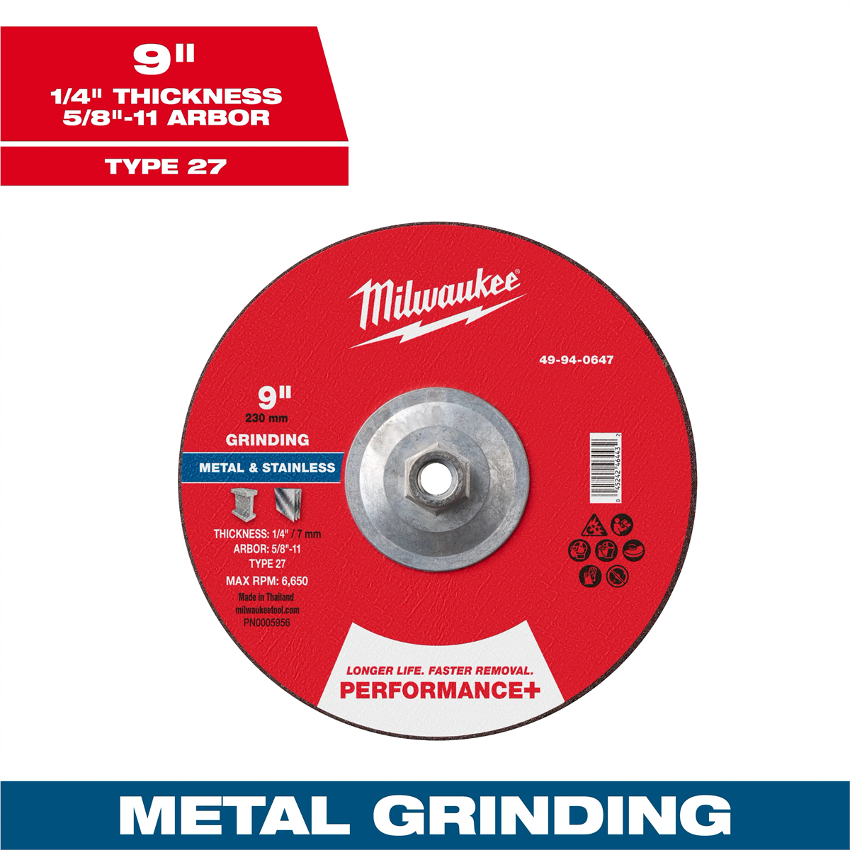 Milwaukee Tool 9" x 1/4" x 5/8"-11 Performance+ Metal Grinding Wheel - Type 27