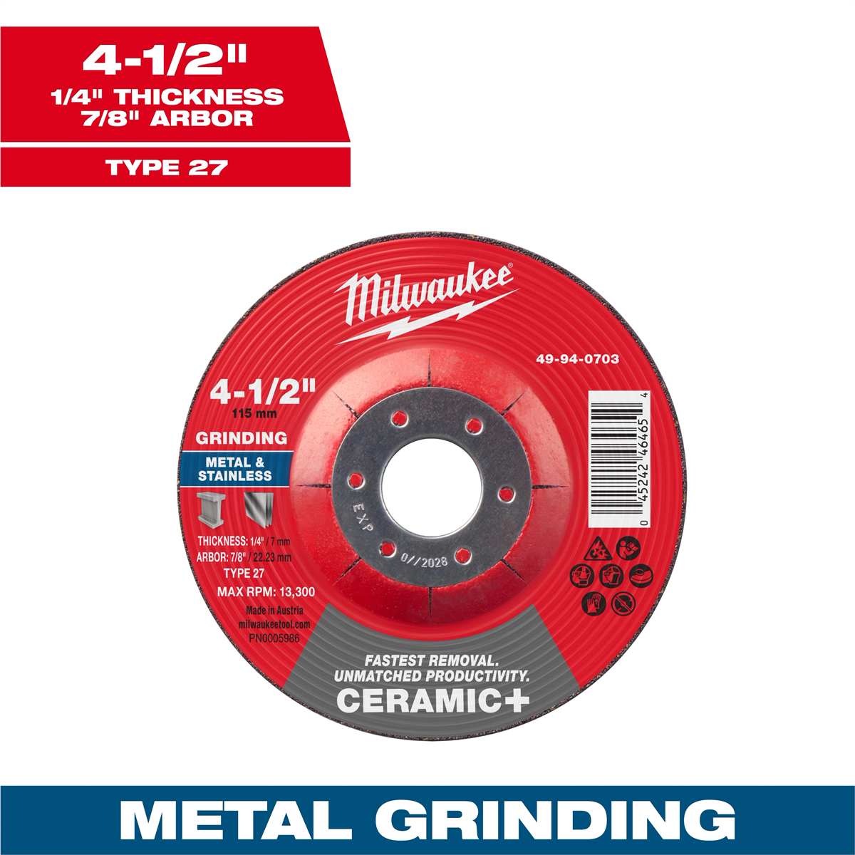 Milwaukee Tool 4-1/2" x 1/4" x 7/8" Ceramic+ Metal Grinding Wheel - Type 27
