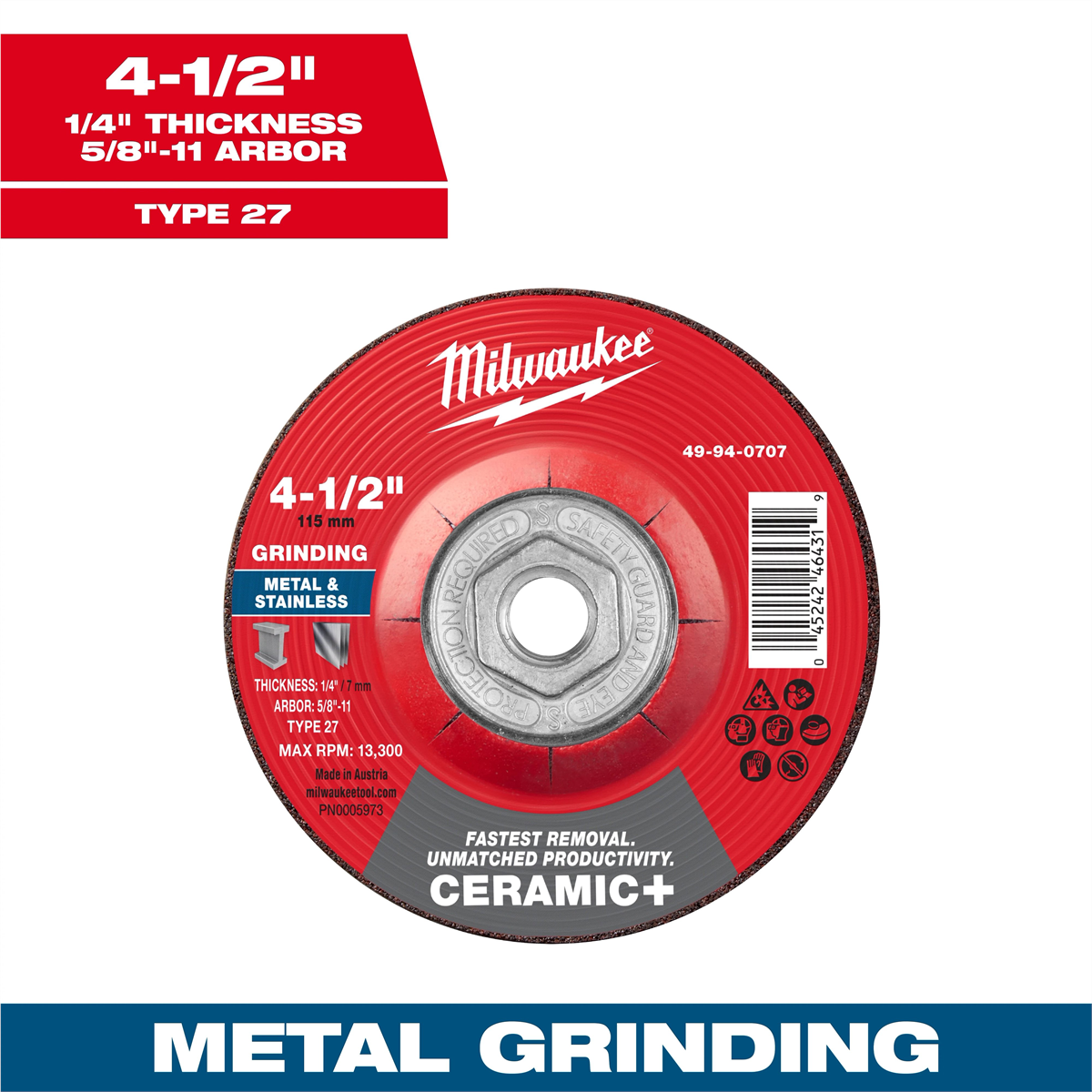 Milwaukee Tool 4-1/2" x 1/4" x 5/8"-11 Ceramic+ Metal Grinding Wheel - Type 27