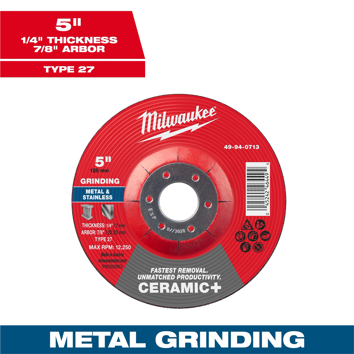 Milwaukee Tool 5" x 1/4" x 7/8" Ceramic+ Metal Grinding Wheel - Type 27