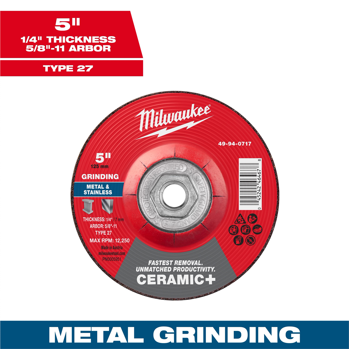 Milwaukee Tool 5" x 1/4" x 5/8"-11 Ceramic+ Metal Grinding Wheel - Type 27