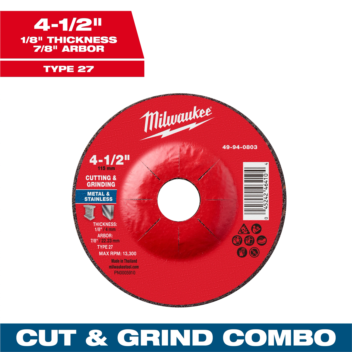 Milwaukee Tool 4-1/2" x 1/8" x 7/8" Dual Metal Cut & Grind Wheel - Type 27