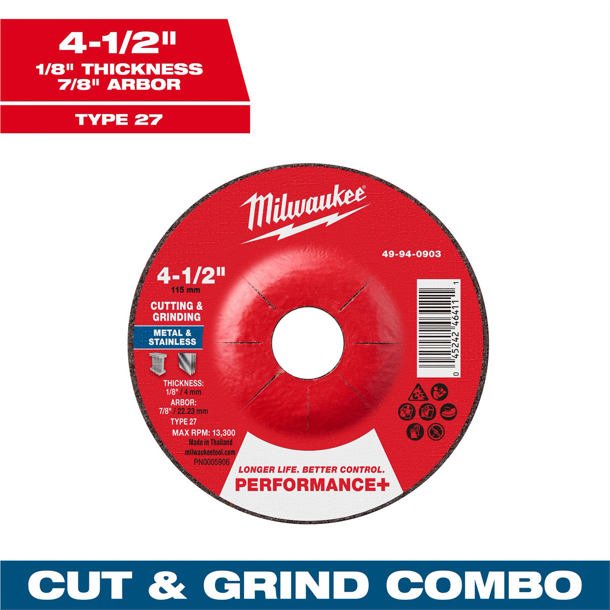 Milwaukee Tool 4-1/2" x 1/8" x 7/8" Performance+ Dual Metal Cut & Grind Wheel - Type 27