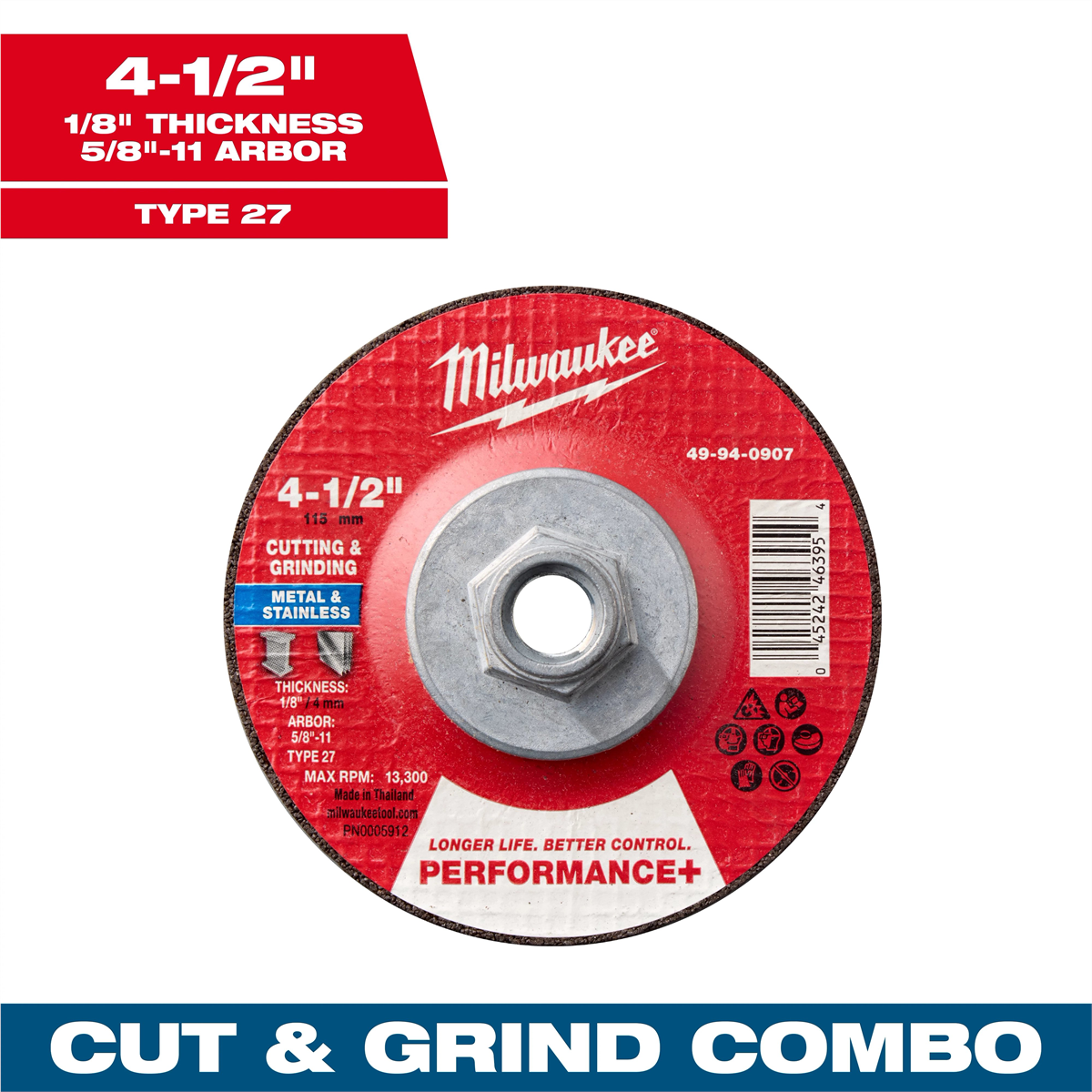 Milwaukee Tool 4-1/2" x 1/8" x 5/8-11" Performance+ Dual Metal Cut & Grind Wheel - Type 27