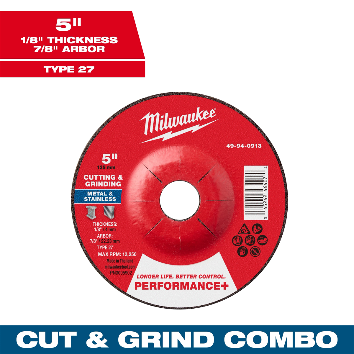 Milwaukee Tool 5" x 1/8" x 7/8" Performance+ Dual Metal Cut & Grind Wheel - Type 27