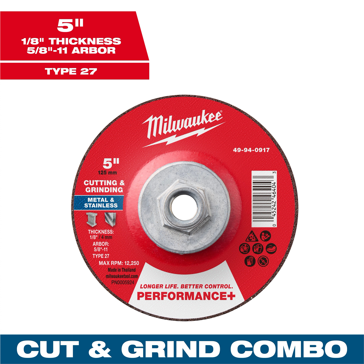 Milwaukee Tool 5" x 1/8" x 5/8"-11 Performance+ Dual Metal Cut & Grind Wheel - Type 27