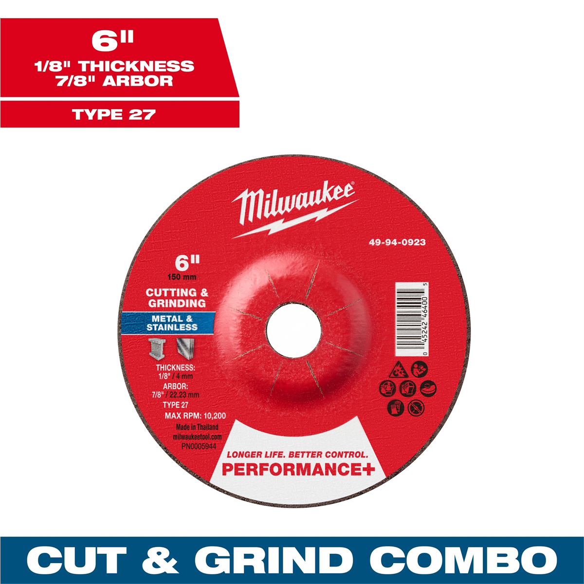 Milwaukee Tool 6" x 1/8" x 7/8" Performance+ Dual Metal Cut & Grind Wheel - Type 27
