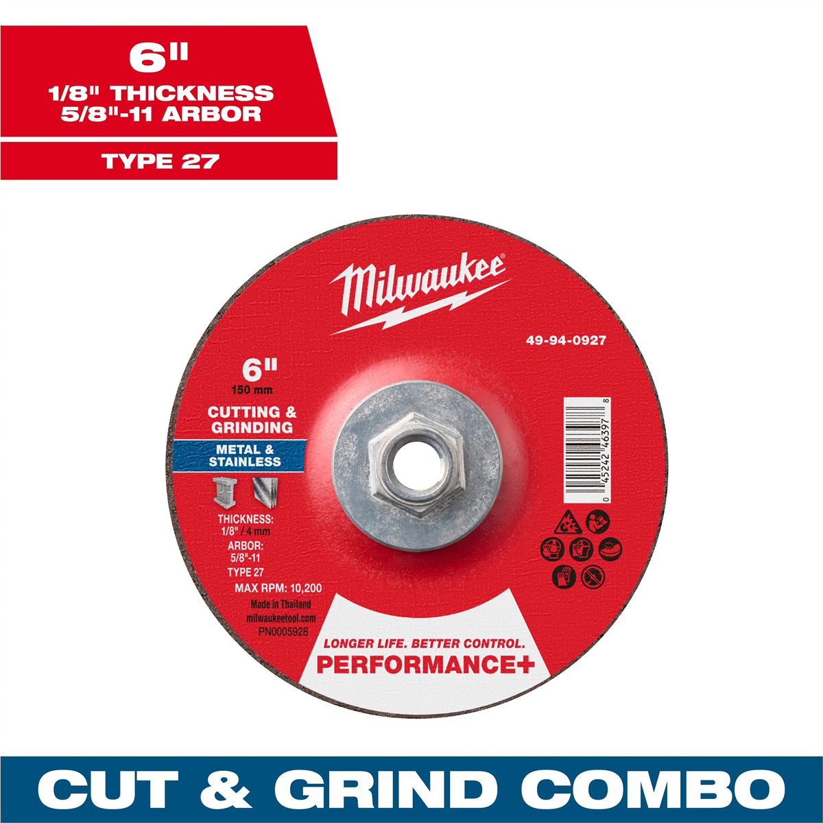 Milwaukee Tool 6" x 1/8" x 5/8"-11 Performance+ Dual Metal Cut & Grind Wheel - Type 27