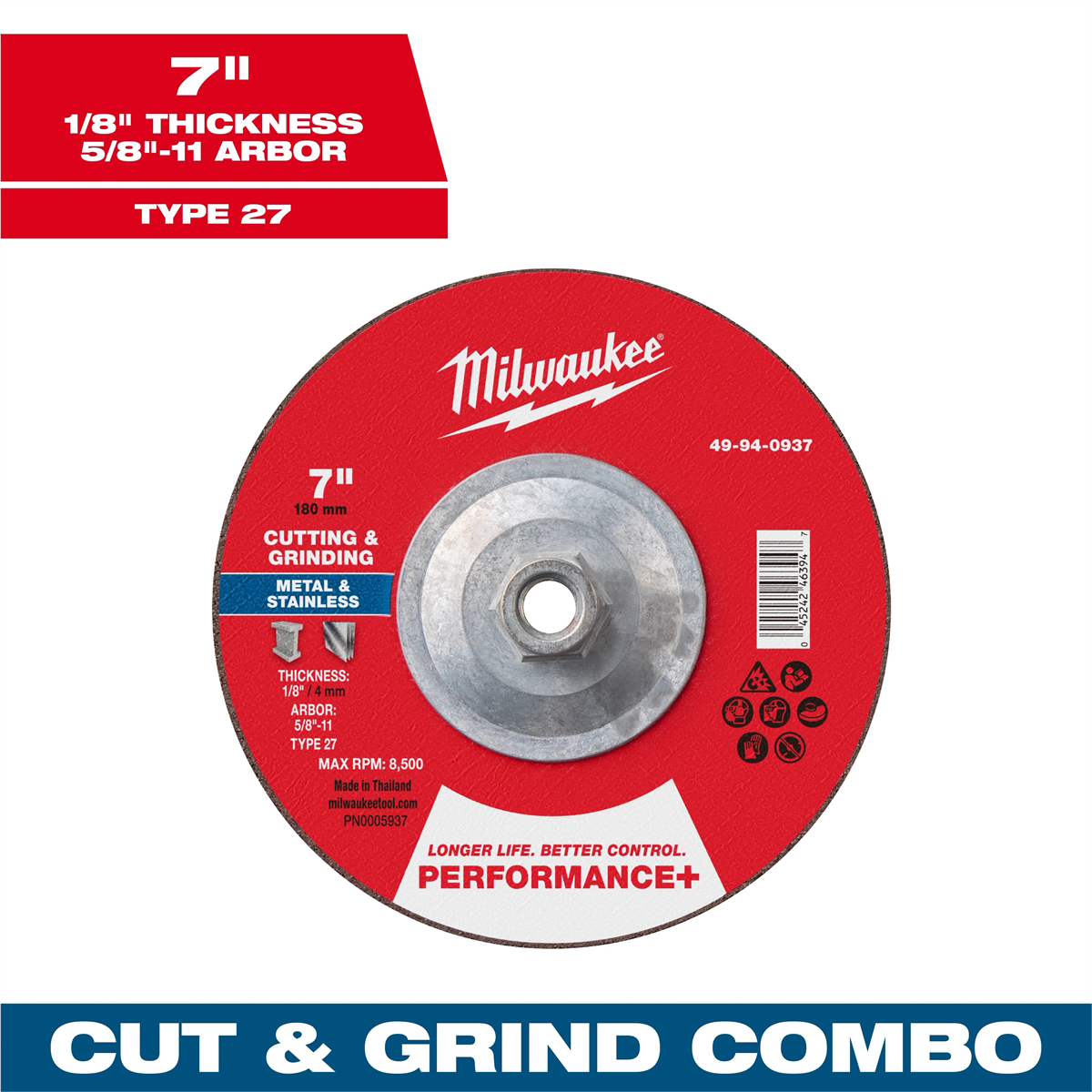 Milwaukee Tool 7" x 1/8" x 5/8"-11 Performance+ Dual Metal Cut & Grind Wheel - Type 27