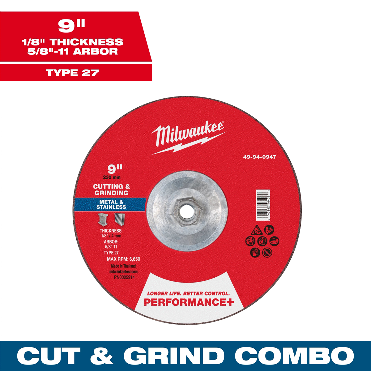 Milwaukee Tool 9" x 1/8" x 5/8"-11 Performance+ Dual Metal Cut & Grind Wheel - Type 27