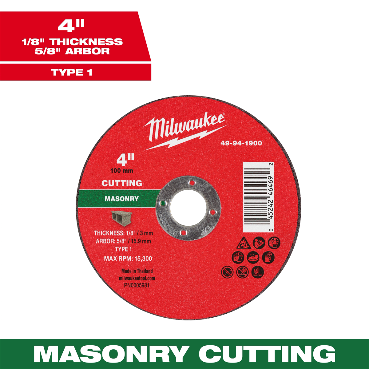 Milwaukee Tool 4" x 1/8" x 5/8" Masonry Cut Off Wheel -Type 1