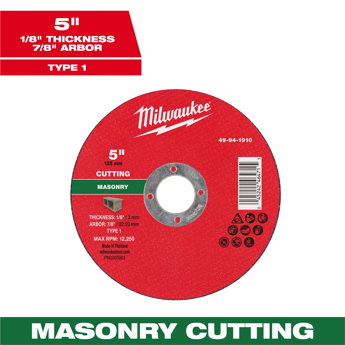 Milwaukee Tool 5" x 1/8" x 7/8" Masonry Cut Off Wheel -Type 1