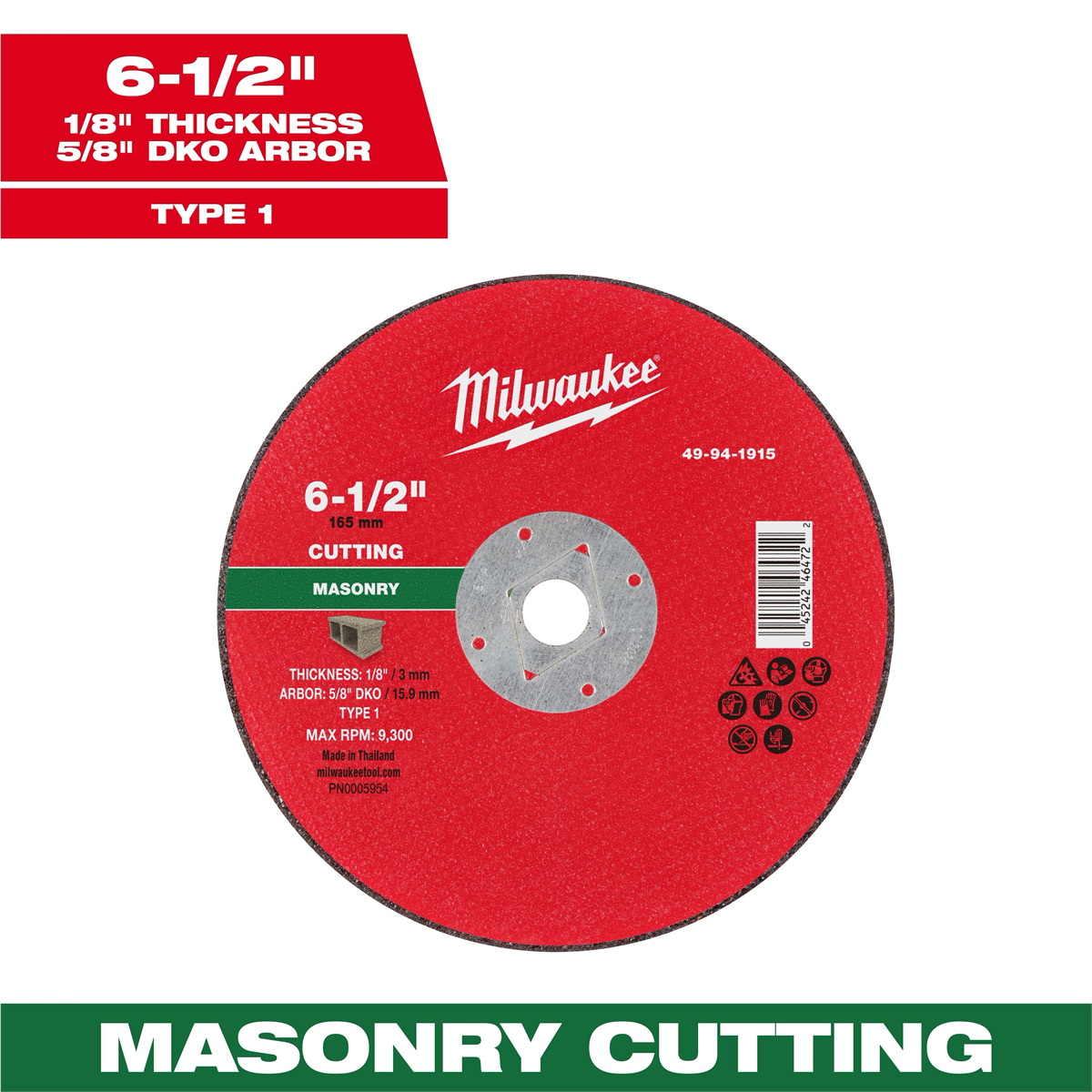 Milwaukee Tool 6-1/2" x 1/8" x 5/8" DKO Masonry Cut Off Wheel -Type 1