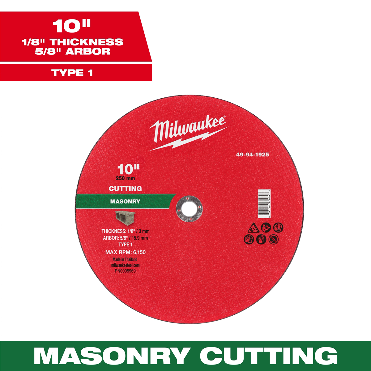Milwaukee Tool 10" x 1/8" x 5/8" Masonry Cut Off Wheel -Type 1