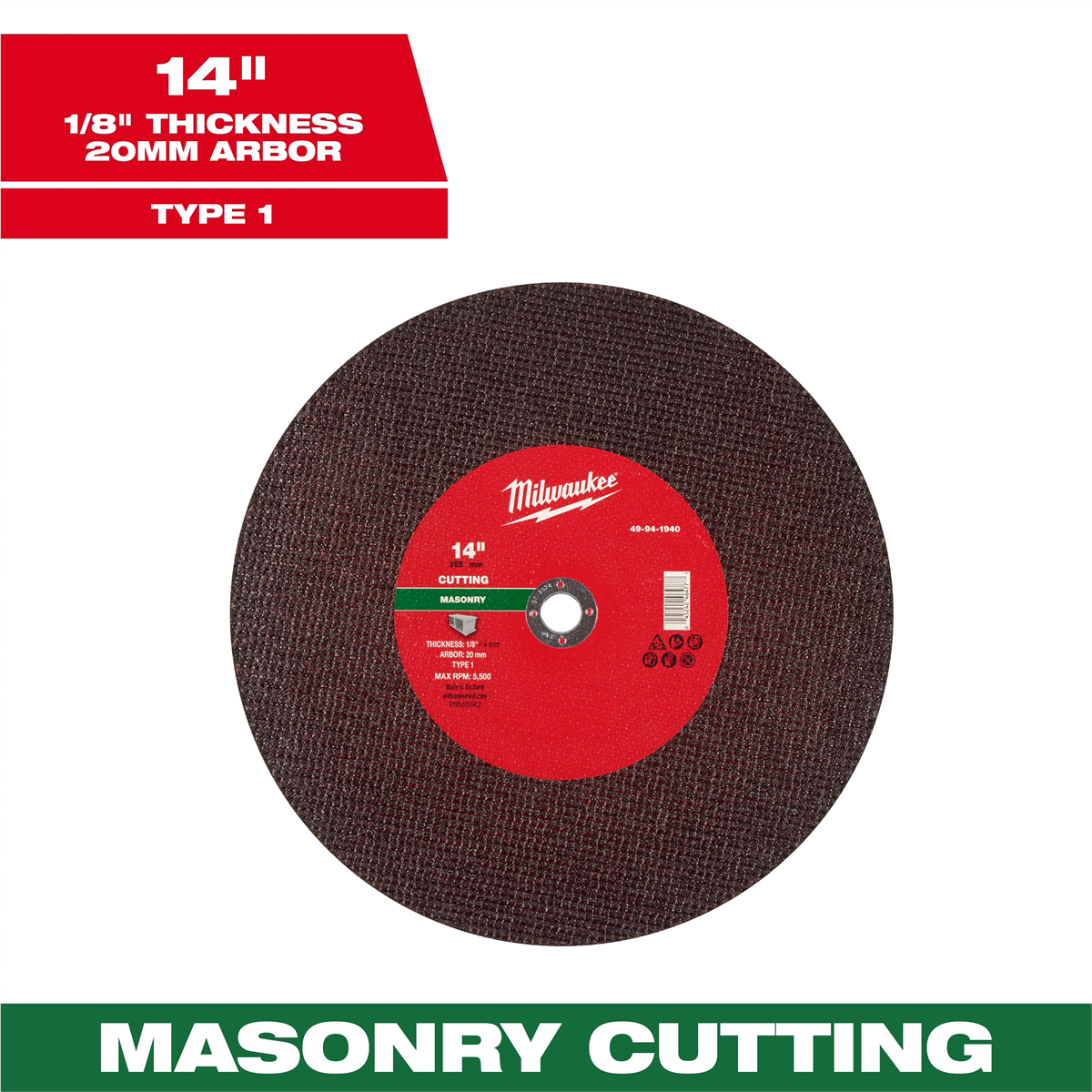 Milwaukee Tool 14" x 1/8" x 1" Masonry Cut Off Wheel -Type 1