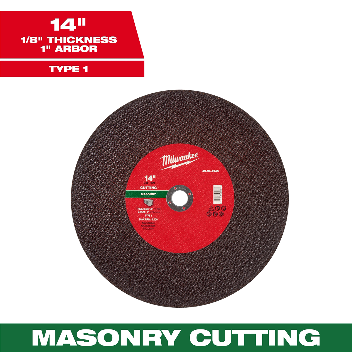 Milwaukee Tool 14" x 1/8" x 20mm Masonry Cut Off Wheel -Type 1