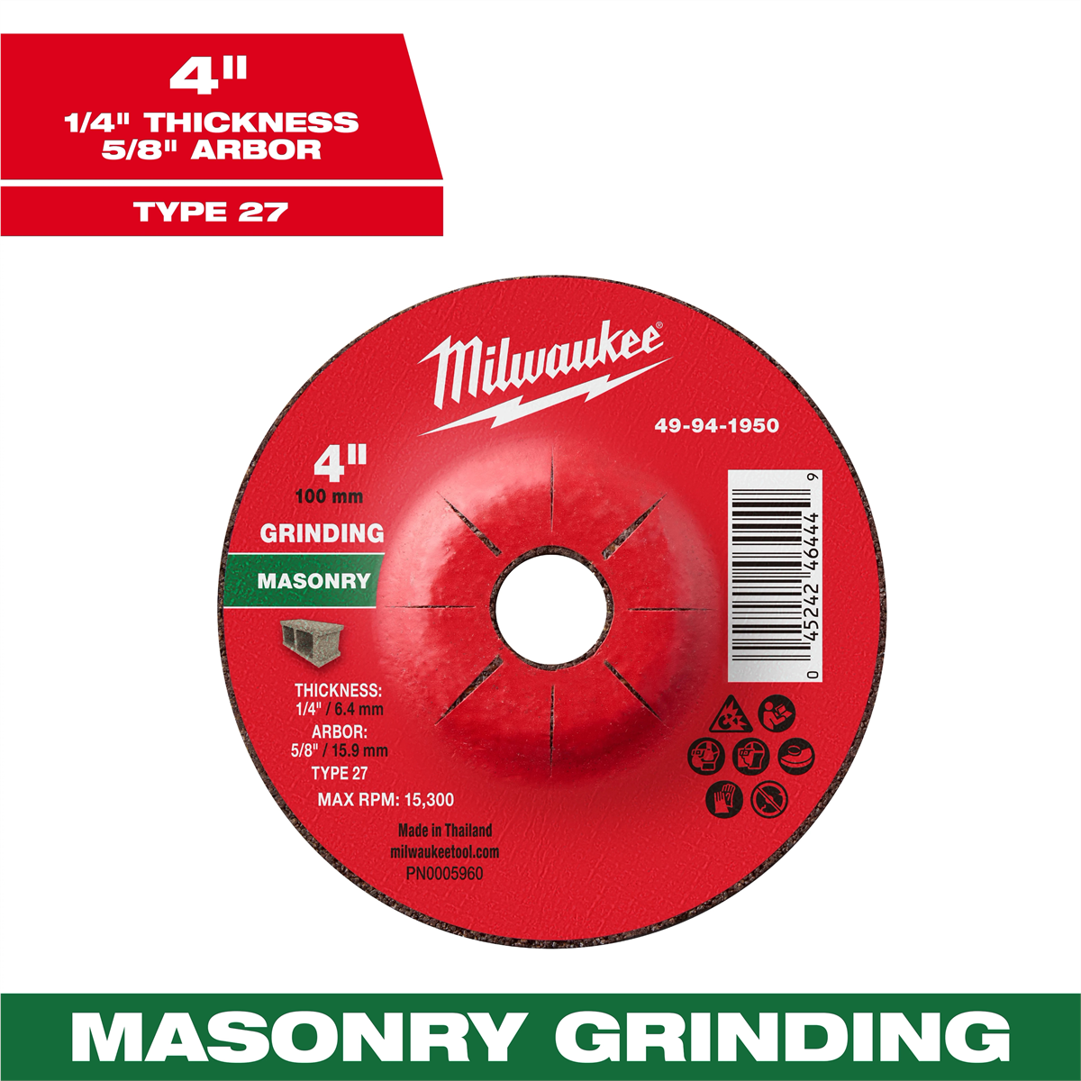 Milwaukee Tool 4" x 1/4" x 5/8" Masonry Grinding  Wheel - Type 27