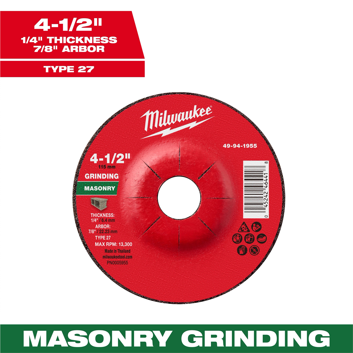Milwaukee Tool 4-1/2" x 1/4" x 7/8" Masonry Grinding Wheel - Type 27