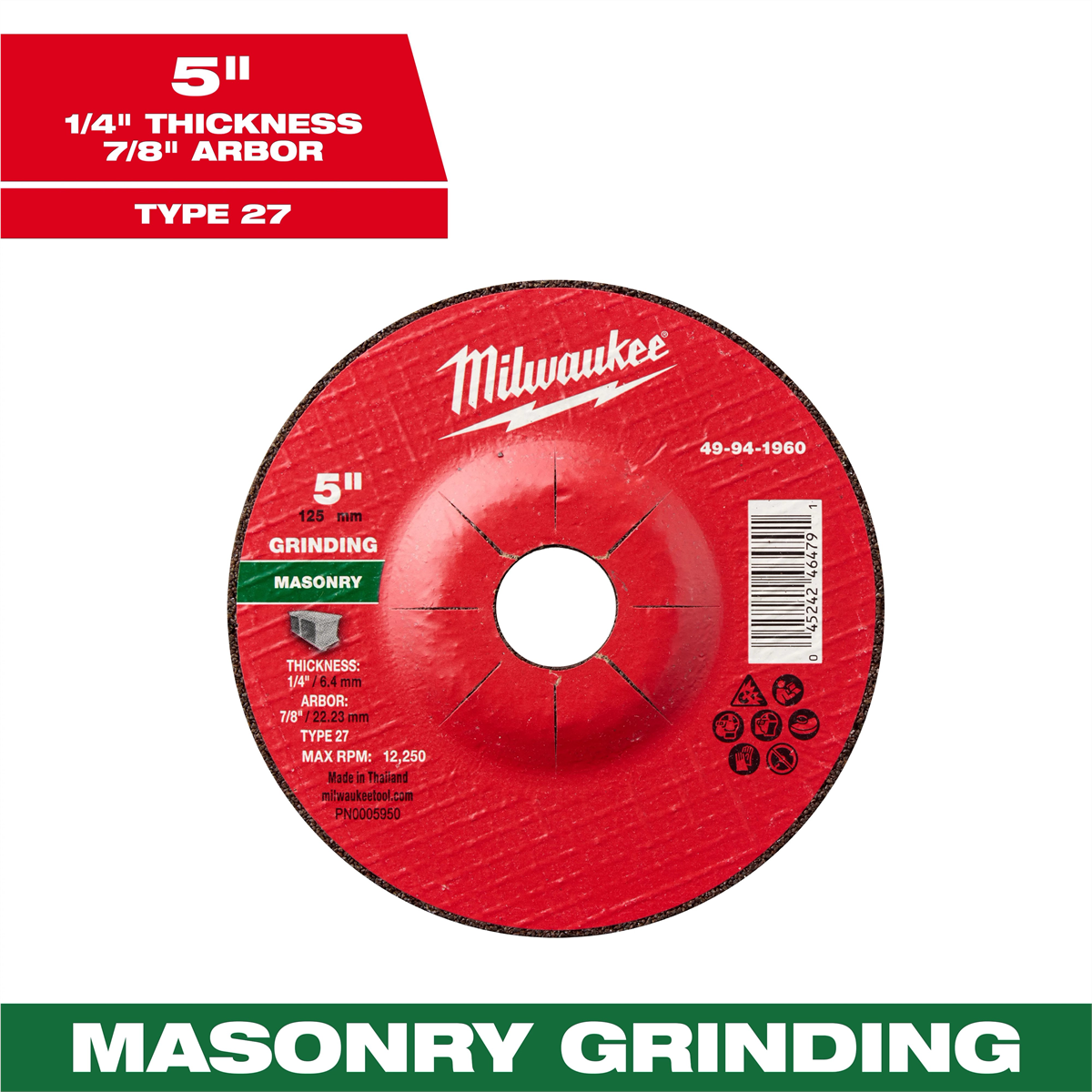 Milwaukee Tool 5" x 1/4" x 7/8" Masonry Grinding Wheel - Type 27