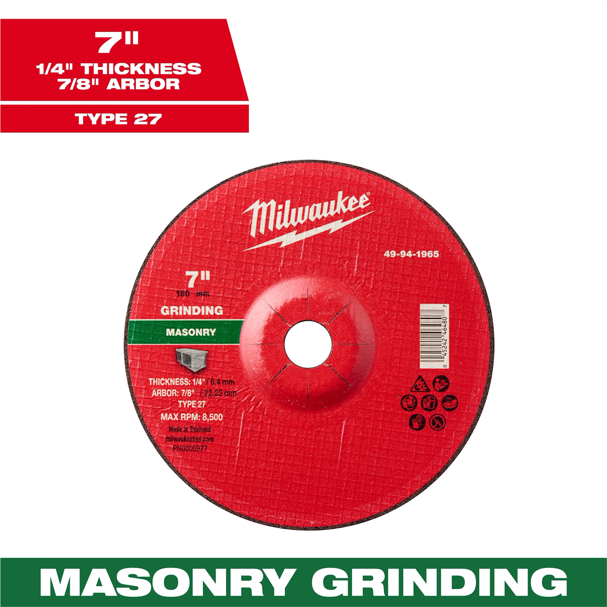 Milwaukee Tool 7" x 1/4" x 7/8" Masonry Grinding  Wheel - Type 27
