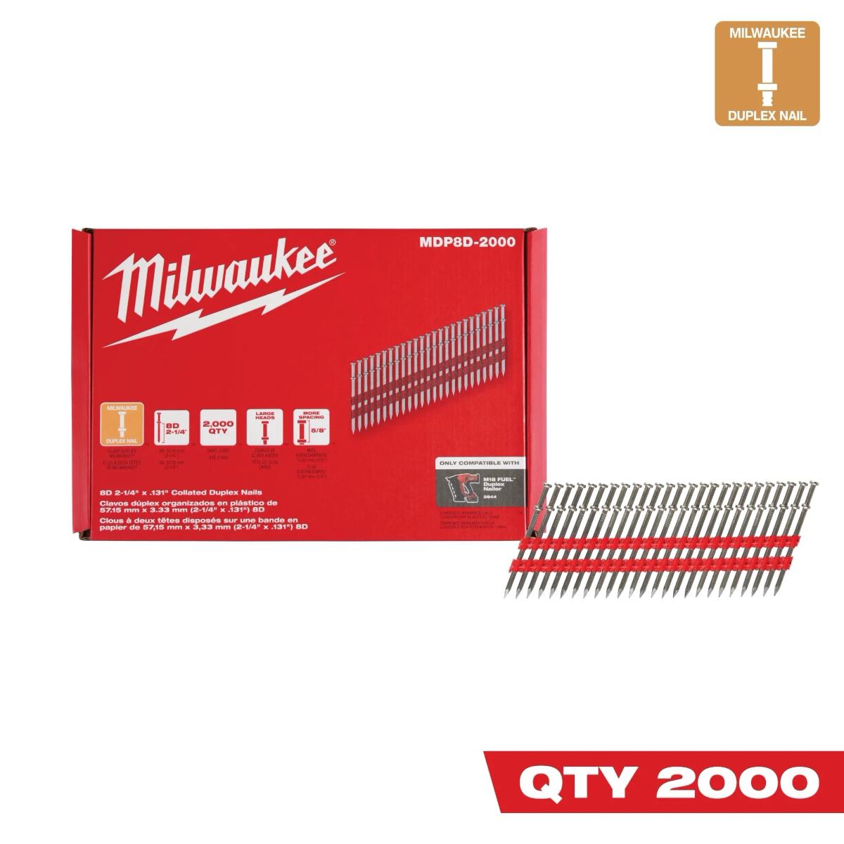Milwaukee Tool 8d 2-1/4 Inch X .131 Inch Collated Duplex Nails
