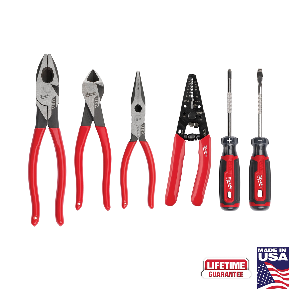Milwaukee Tool 6 PC. Dipped Grip Cutting Pliers, Wire Stripper, & Cushion Grip Screwdrivers Set (USA)