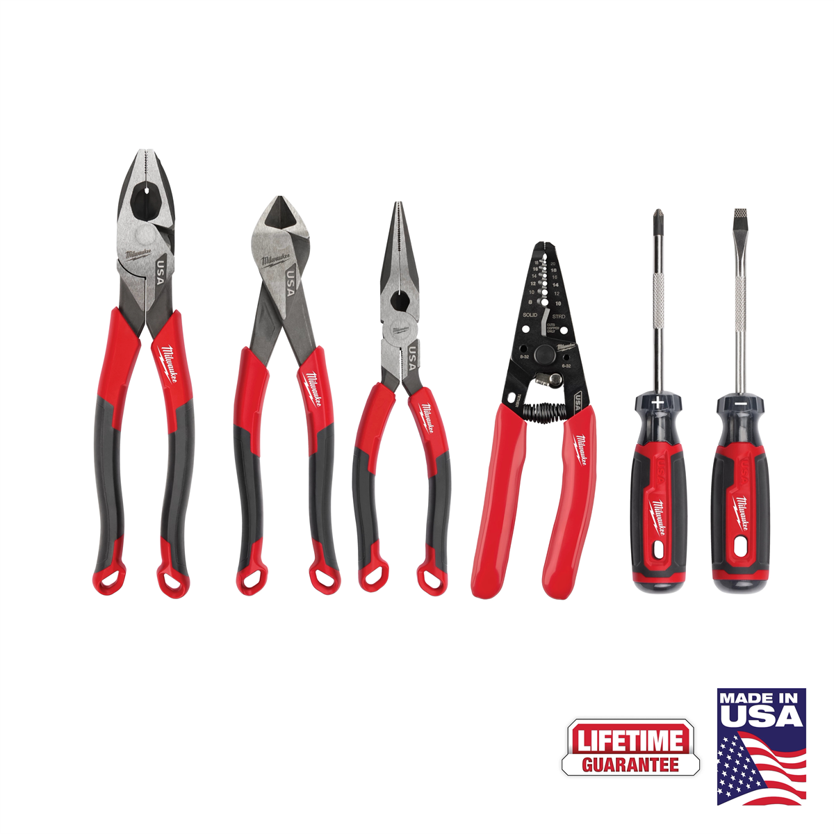 Milwaukee Tool 6 PC. Comfort Grip Cutting Pliers, Wire Stripper, & Cushion Grip Screwdrivers Set (USA)