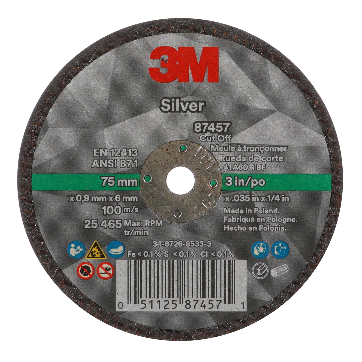 3M Silver Cut-Off Wheel, 87457, 60+, T1, 3 in x 0.035 in x 1/4 in