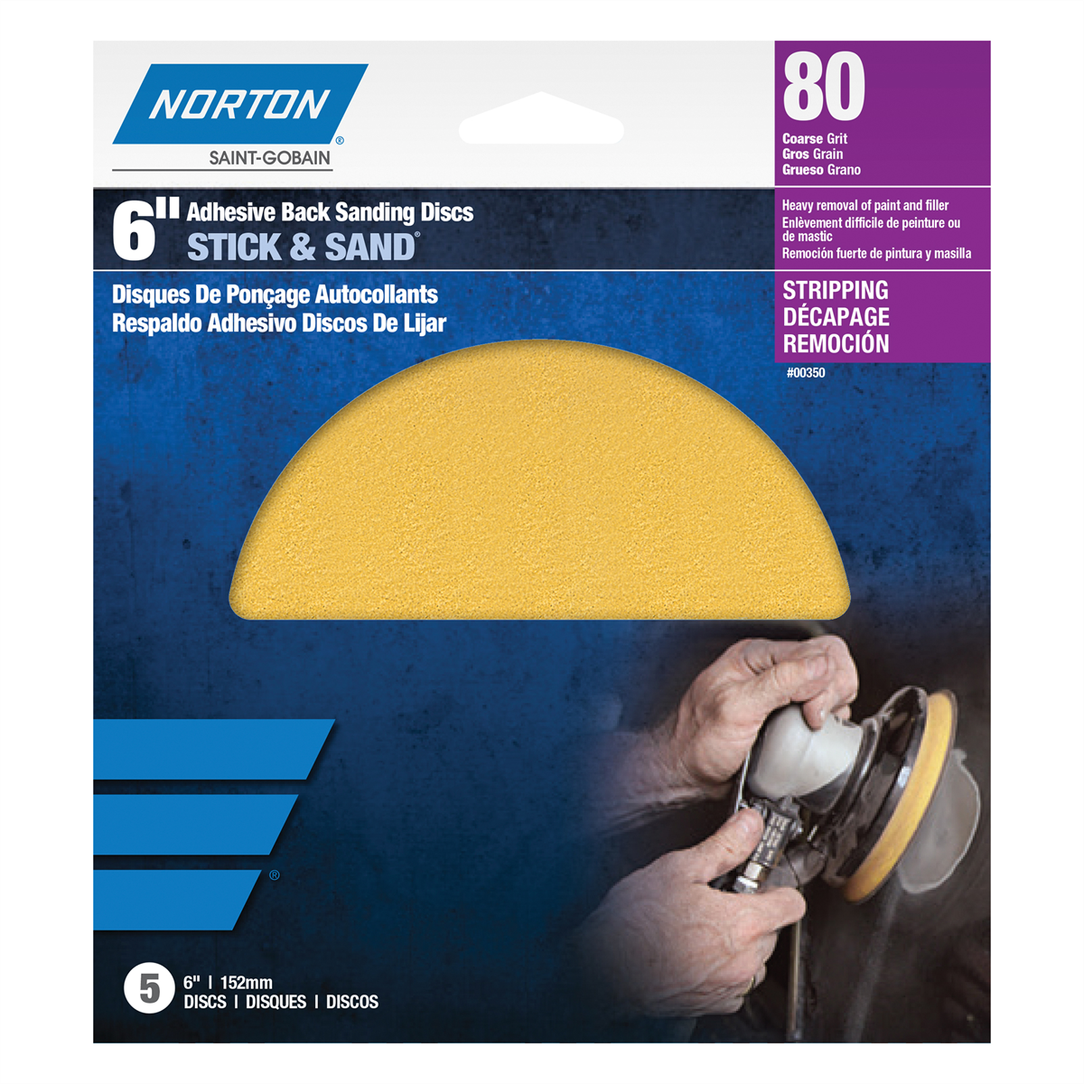 Norton 00351 H290 Series Stick and Sand Disc, 6 in, P80 Grit, Aluminum Oxide, PSA Attachment