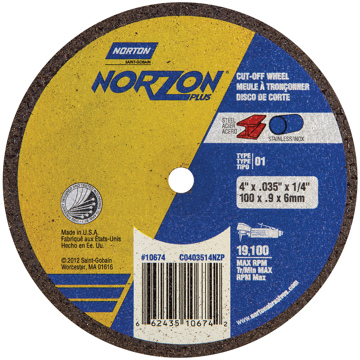 Norton NorZon Plus 10677 Cut-Off Wheel, 4 in Dia, 1/16 in THK Wheel, 3/8 in Center Hole, 19100 rpm