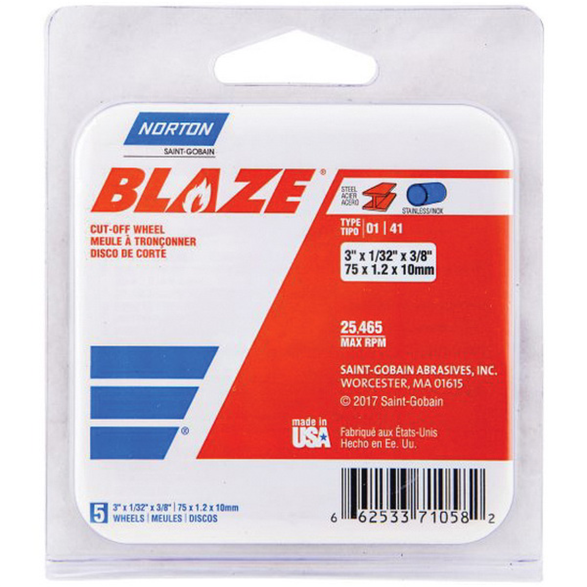 Norton Blaze 71058 Cut-Off Wheel, 3 in Dia, 1/32 in THK Wheel, 3/8 in Center Hole, 25465 rpm
