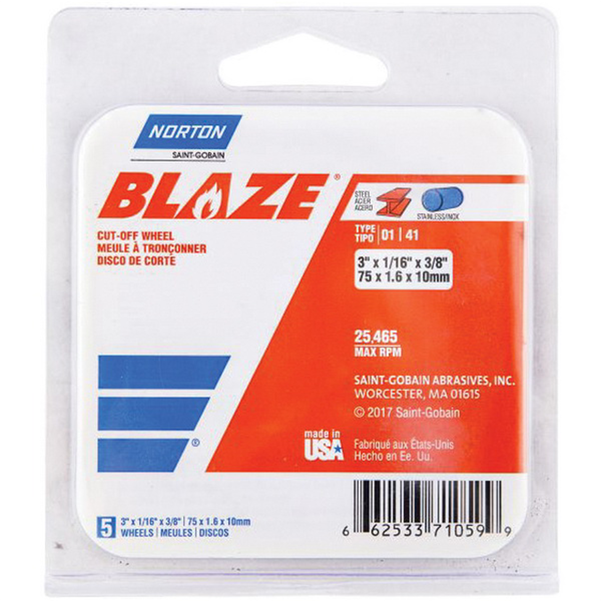 Norton Blaze 71059 Cut-Off Wheel, 3 in Dia, 1/16 in THK Wheel, 3/8 in Center Hole, 25465 rpm