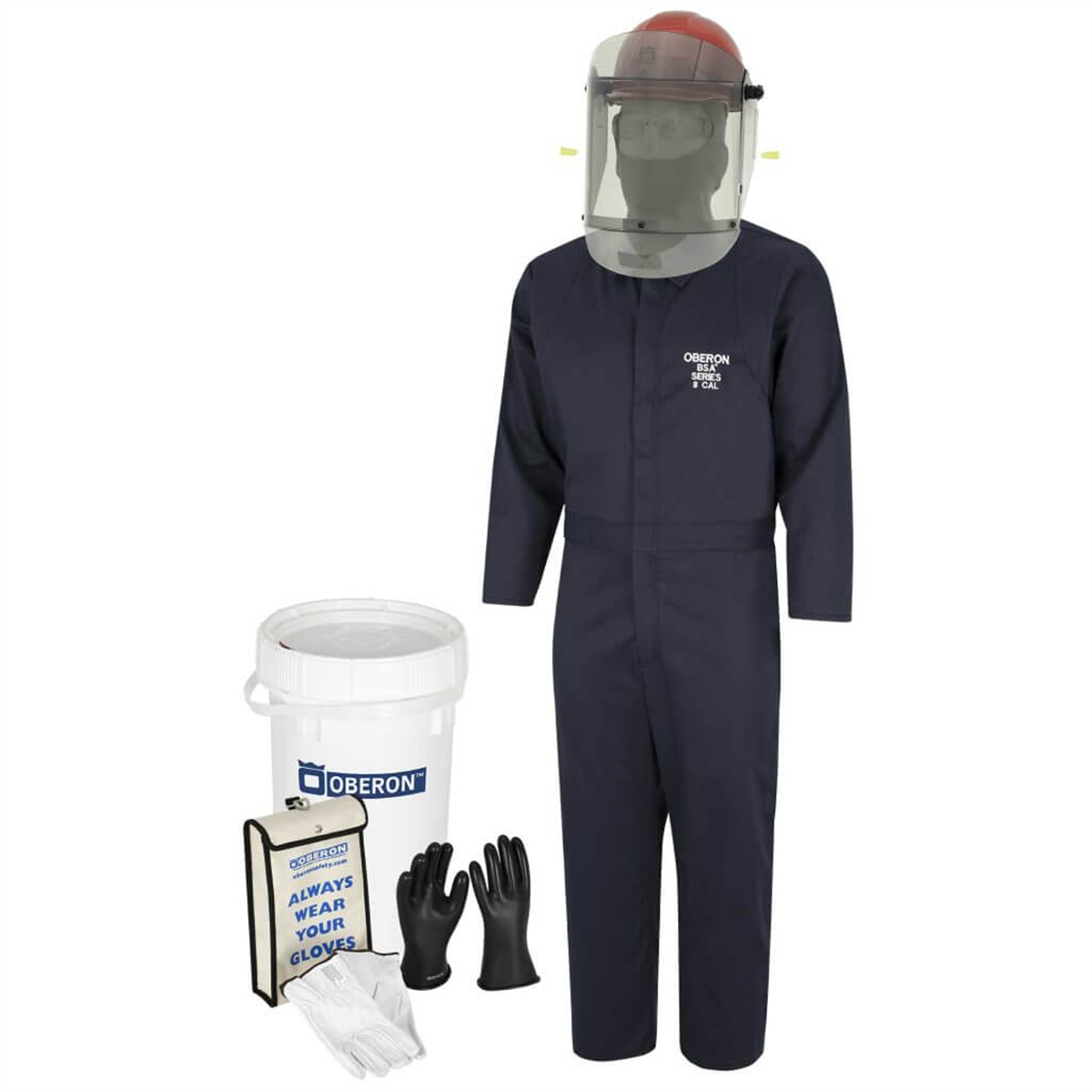 Oberon Suit Kit - Arc Flash & Shock - 8 Cal Hrc2 - Electric Vehicle - Tcg Arc Flash Face Shield W/hard Cap, Balaclava, Coverall With Escape Strap, Safety Glasses, Earplugs, Storage Bucket, Class 0 Glove Kit - Size: Regular - 8, Coverall - Size: Regular