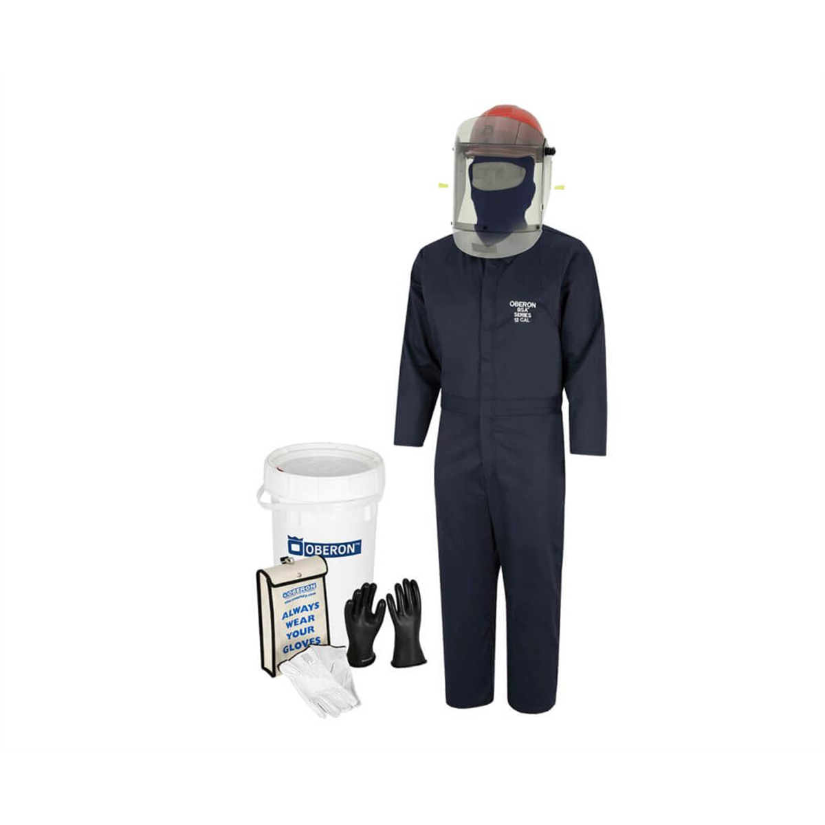 Oberon Suit Kit - Arc Flash & Shock - 12 Cal Tcg2p - Electric Vehicle - Tcg Arc Flash Face Shield W/hard Cap, Balaclava, Coverall With Escape Strap, Safety Glasses, Earplugs, Storage Bucket, Class 0 Glove Kit - Size: X-large - 12, Coverall - Size: Regul