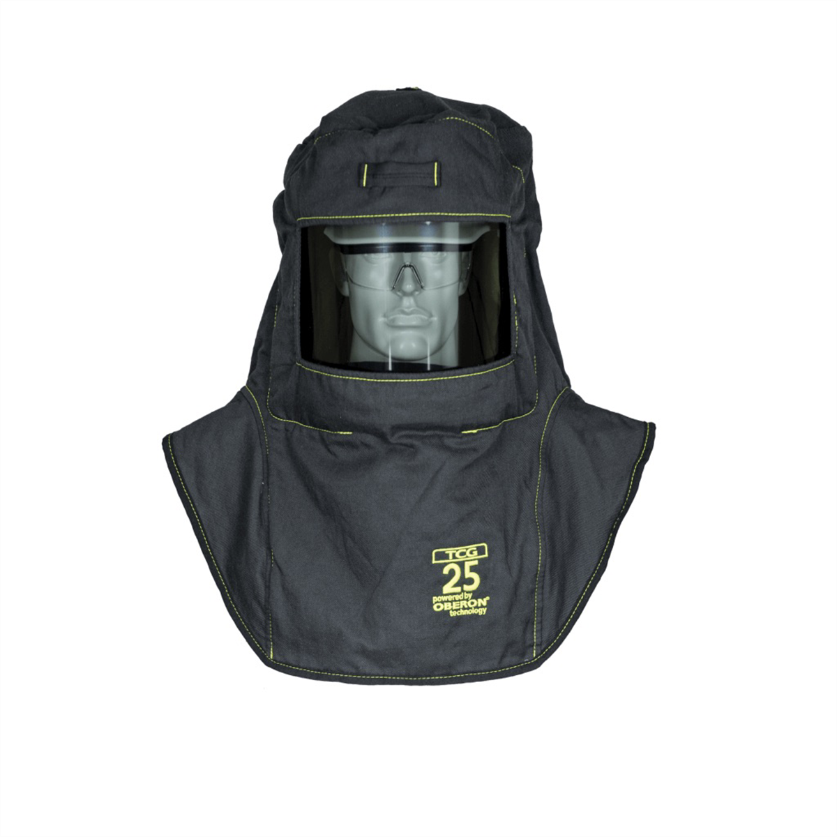 OBERON Hood with A5 Hard Hat Adapters - Arc Flash - 25 Cal TCG - Color: Black - Window: True Color Grey (TCG)