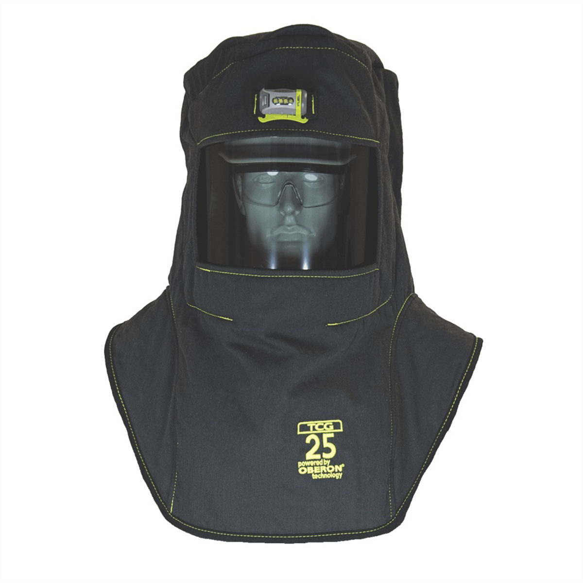 OBERON Hood with Hard Cap - Arc Flash - 25 Cal TCG - With Fresh Air Arc Flash Hood Ventilation System & Light - Canadian - Color: Black - Window: True Color Grey (TCG)