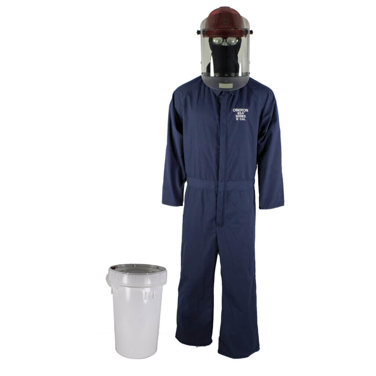 OBERON Bucket Kit - Arc Flash - 12 Cal TCG2P - Comes With Coveralls, Hard Cap, Face Shield, Balaclava & Storage Bucket - Color: Navy Blue - Size: 3XL