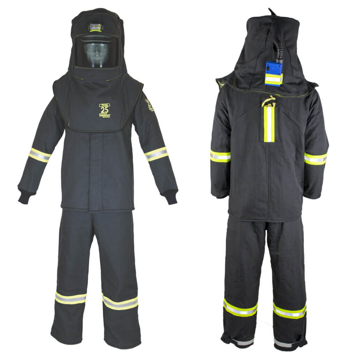 Oberon Suit Kit - Arc Flash - 25 Cal TCG&trade; - Comes with Hood, Coat, Bib Coveralls and  Fresh Air Arc Flash Hood Ventilation System & Light - With Escape Strap - Color: Black - Size: Medium