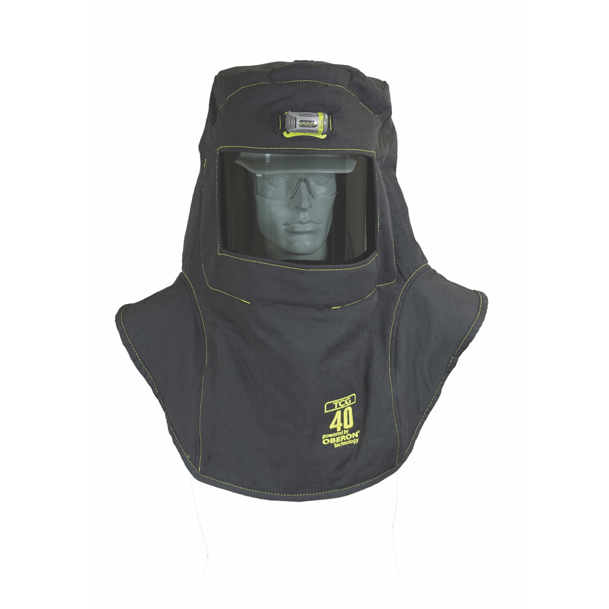 OBERON Hood with Hard Cap - Arc Flash - 40 Cal TCG - With Fresh Air Arc Flash Hood Ventilation System & Light - Color: Black - Window: True Color Grey (TCG)