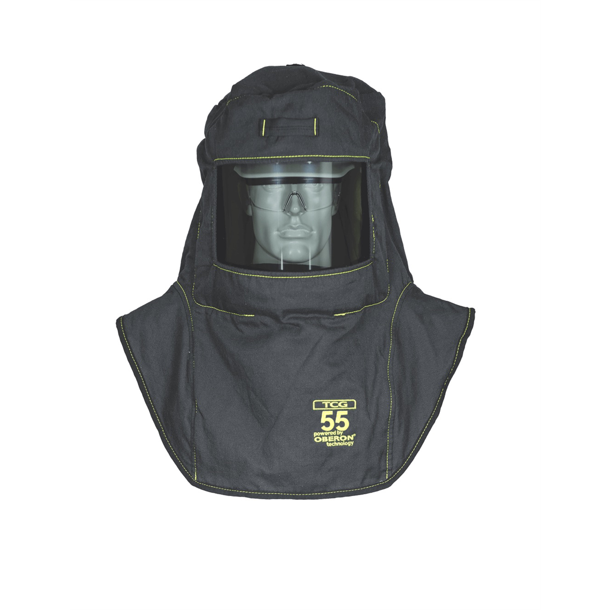 OBERON Hood with Hard Cap - Arc Flash - 55 Cal TCG - With Fresh Air Arc Flash Hood Ventilation System & Light - Color: Black - Window: True Color Grey (TCG)