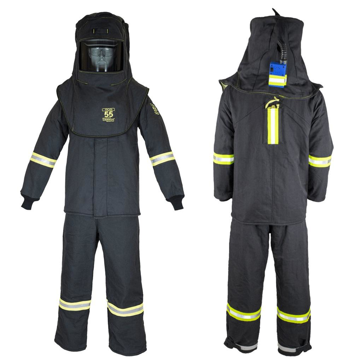 Oberon Suit Kit - Arc Flash - 55 Cal TCG&trade; - Comes with Hood, Coat, Bib Coveralls and  Fresh Air Arc Flash Hood Ventilation System & Light - With Escape Strap - With Leg Zippers - Color: Black - Size: Large