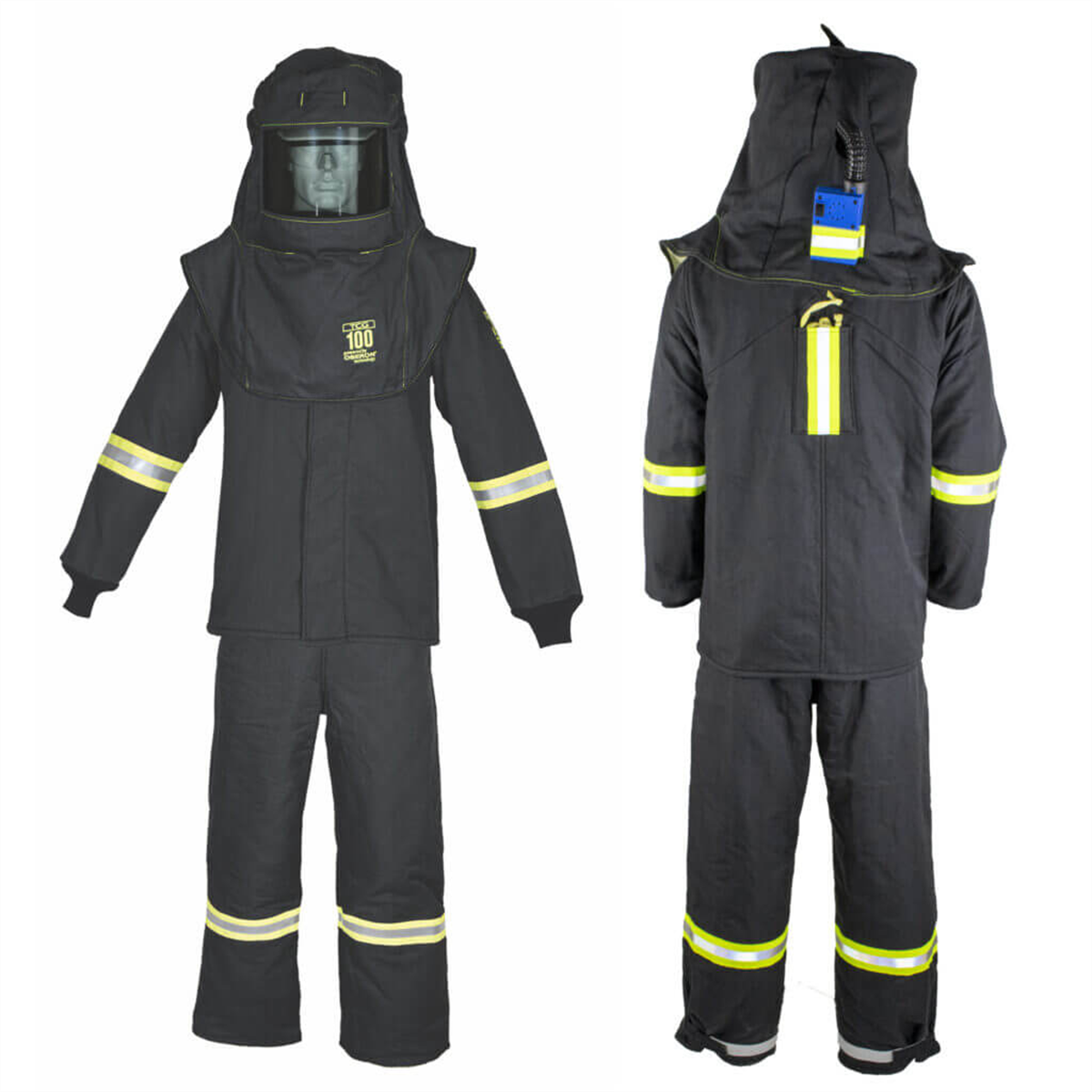 Oberon Suit Kit - Arc Flash - 100 Cal TCG&trade;  - Comes with Hood, Coat, Bib Coveralls and  Fresh Air Arc Flash Hood Ventilation System & Light - With Escape Strap - With Leg Zippers - Color: Black - Size: Medium Tall