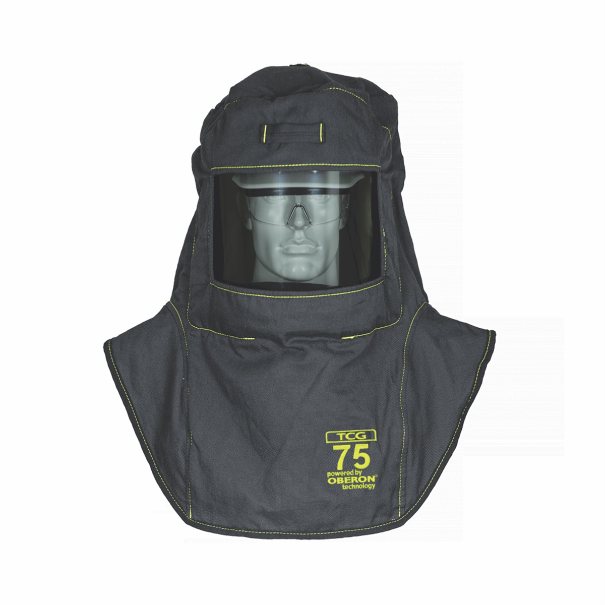 OBERON Hood with A8 Hard Hat Adapters - Arc Flash - 75 Cal TCG - With Fresh Air Arc Flash Hood Ventilation System & Light - Color: Black - Window: True Color Grey (TCG)