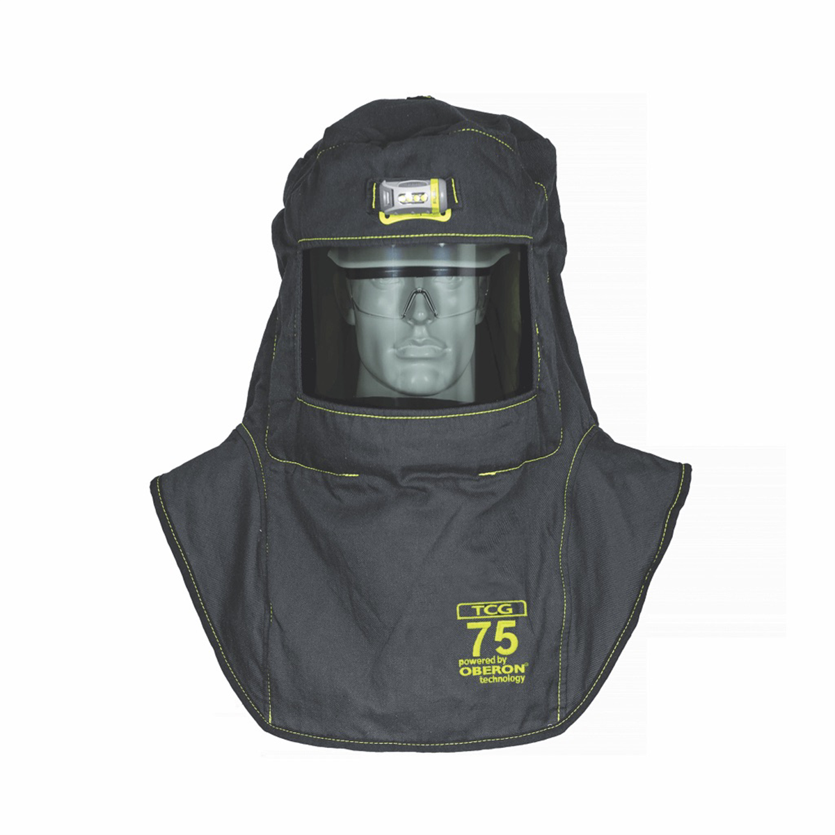 OBERON Hood with Hard Cap - Arc Flash - 75 Cal TCG - With Fresh Air Arc Flash Hood Ventilation System & Light - Canadian - Color: Black - Window: True Color Grey (TCG)