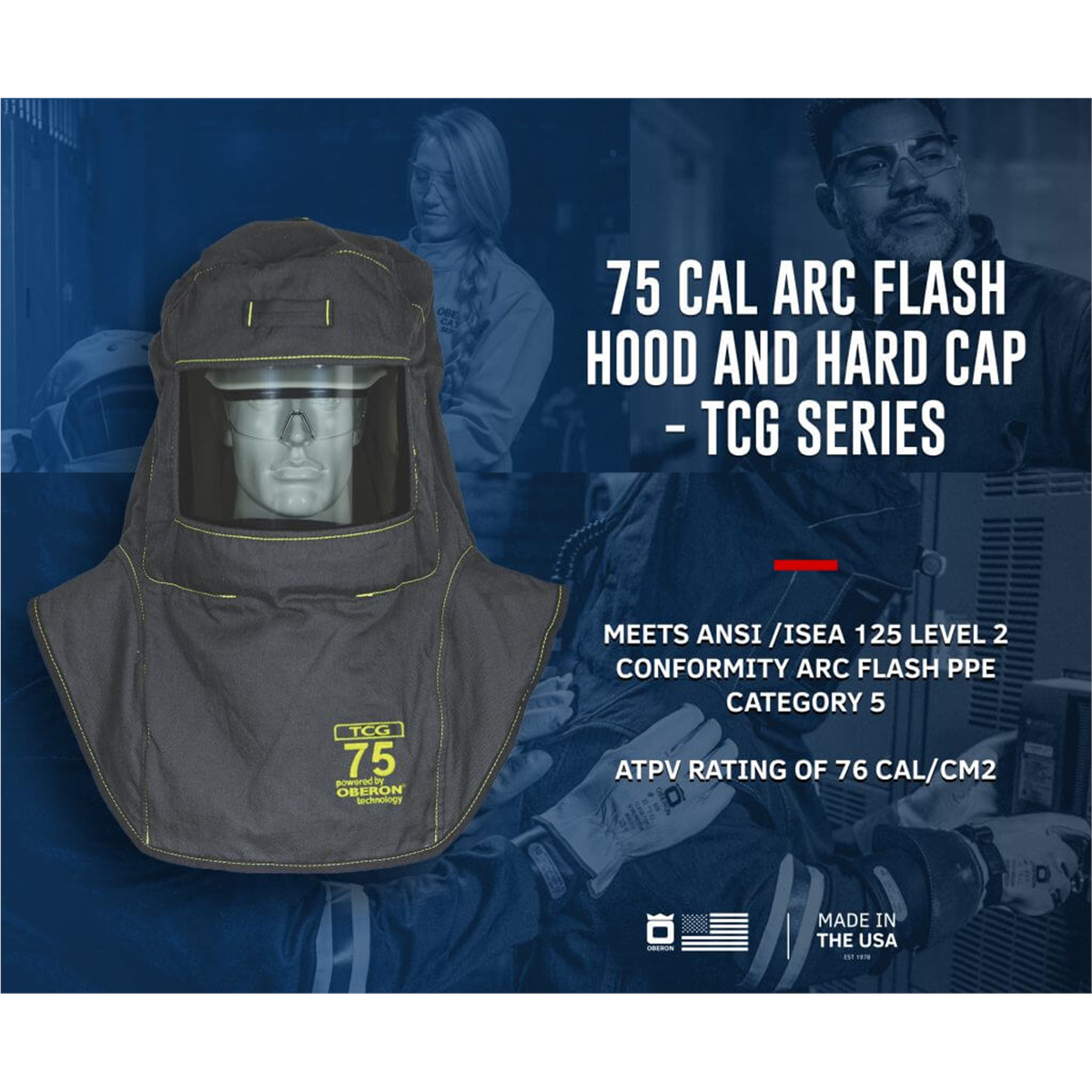 OBERON Hood with Hard Cap - Arc Flash - 75 Cal TCG - With Fresh Air Arc Flash Hood Ventilation System - Color: Black - Window: True Color Grey (TCG)