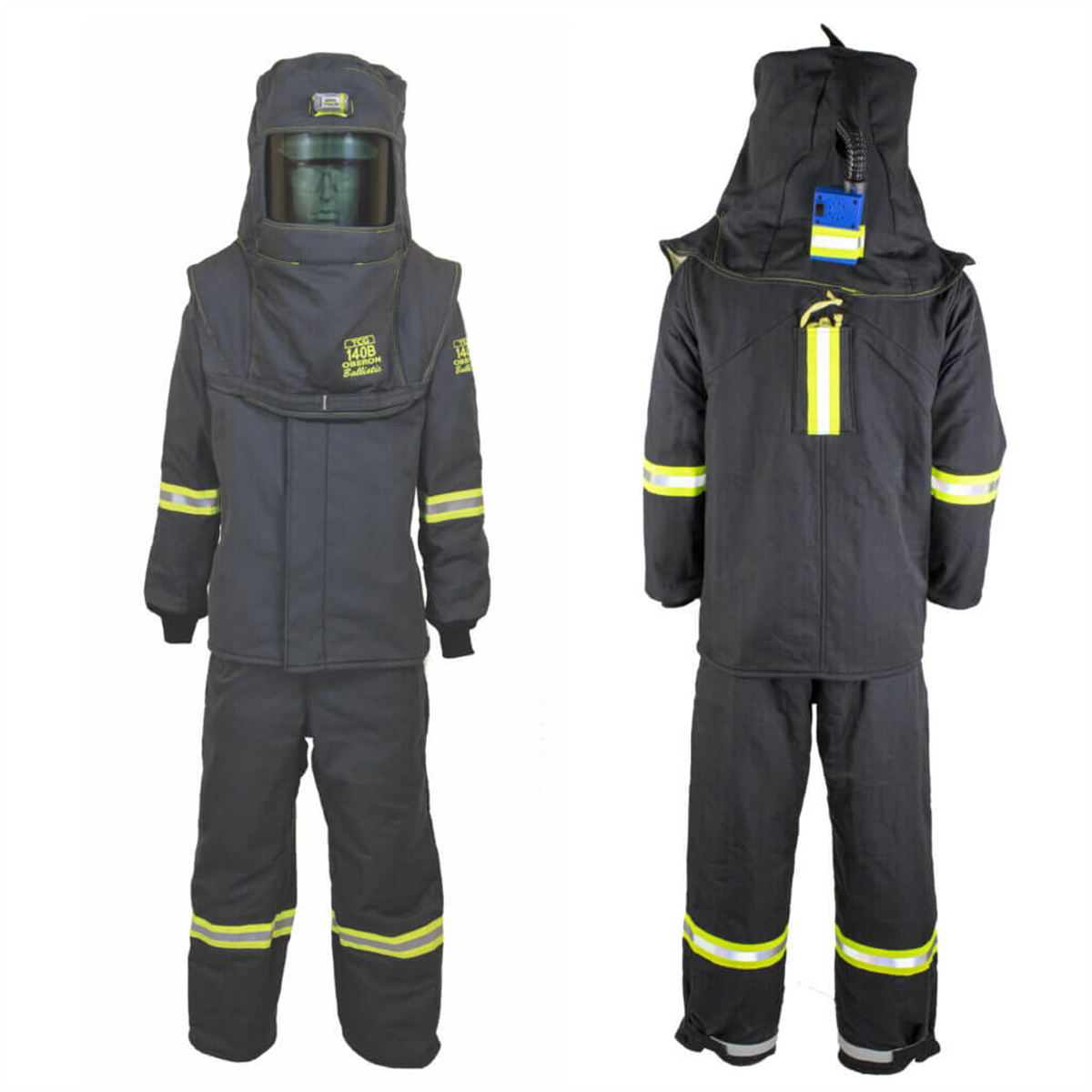 Oberon Suit Kit - Arc Flash - 140 Cal TCG&trade; - Comes with Hood, Coat, Bib Coveralls and Fresh Air Arc Flash Hood Ventilation System & Light - With Escape Strap - With Leg Zippers - Color: Black - Size: Large
