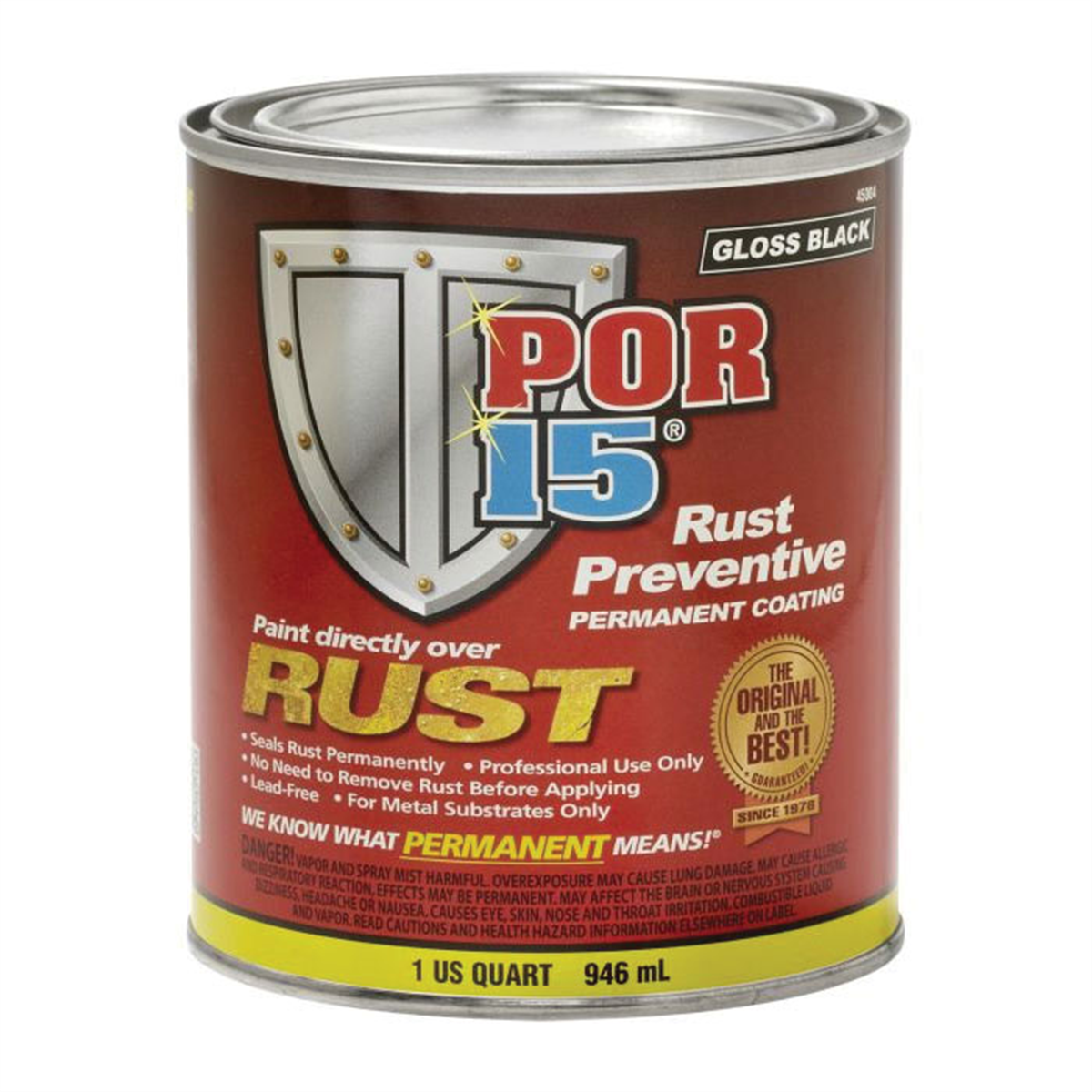 POR-15 INC 45004 High Performance Rust Preventive Coating, 1 qt Can, Gloss Black, 250 to 450 sq-ft/gal Coverage