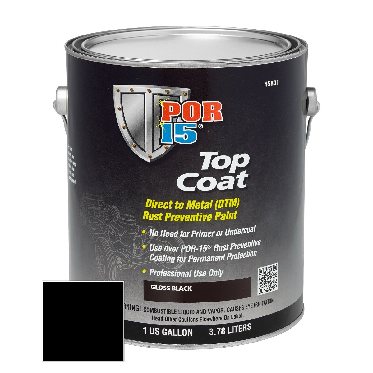 POR-15 INC 45801 Top Coat DTM Paint, 1 gal Can, Gloss Black, Liquid, 30 to 60 min Curing