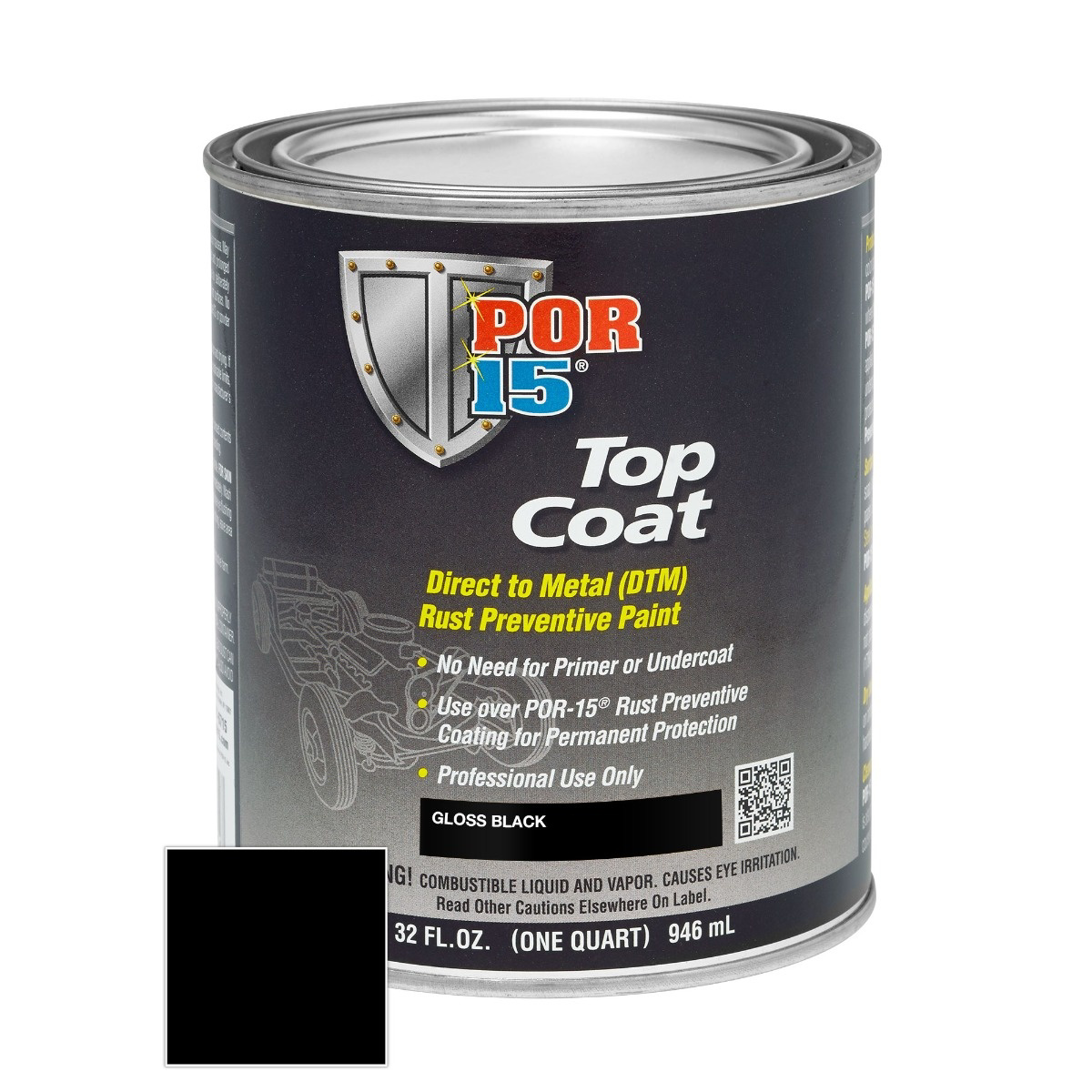 POR-15 INC 45808 Top Coat DTM Paint, 1 pt Can, Gloss Black, Liquid, 30 to 60 min Curing